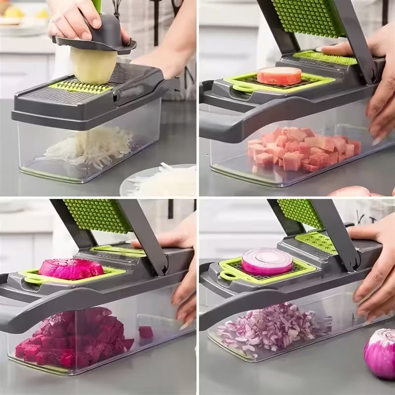 16-In-1 Multifunctional Vegetable Chopper & Slicer with Colander Basket and Storage Container – Heavy Duty Manual Food Cutter
