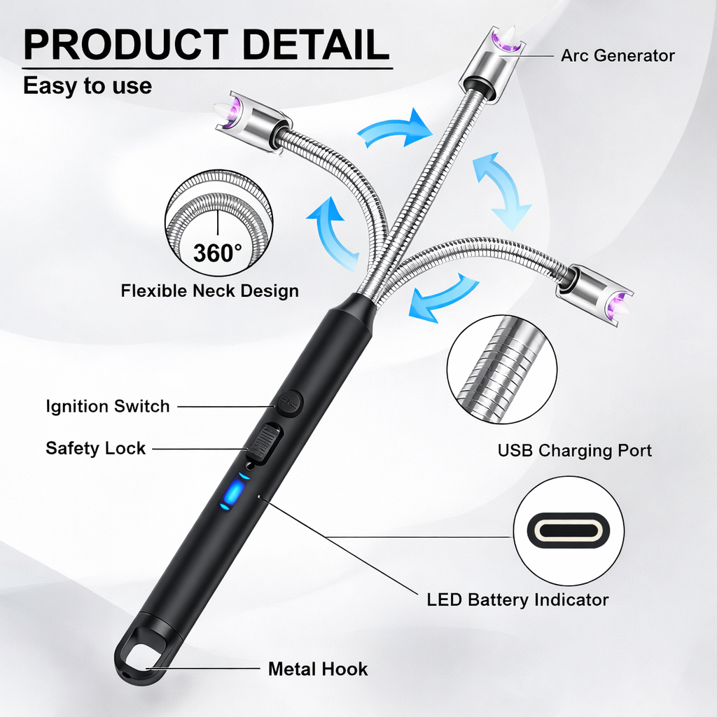 USB Rechargeable Arc Lighter – 360° Flexible, Windproof, Waterproof Safety Lock