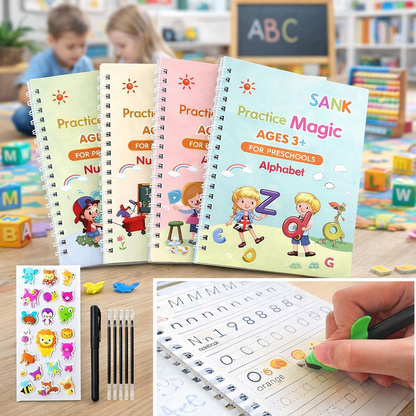 Sank Magic Practice Copybook – 4 Reusable Writing Books with Disappearing Ink Pen