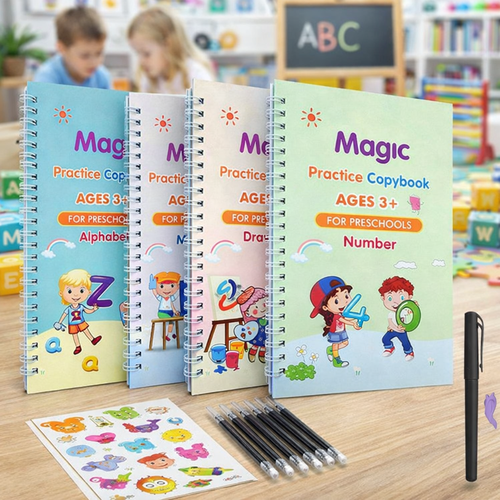 Sank Magic Practice Copybook – 4 Reusable Writing Books with Disappearing Ink Pen
