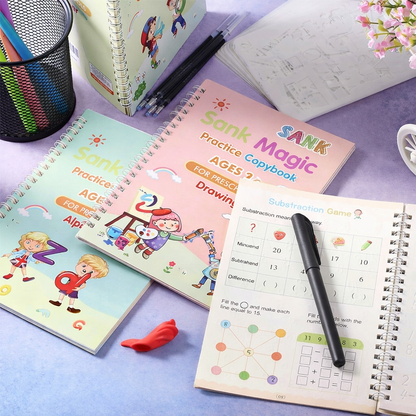 Sank Magic Practice Copybook – 4 Reusable Writing Books with Disappearing Ink Pen