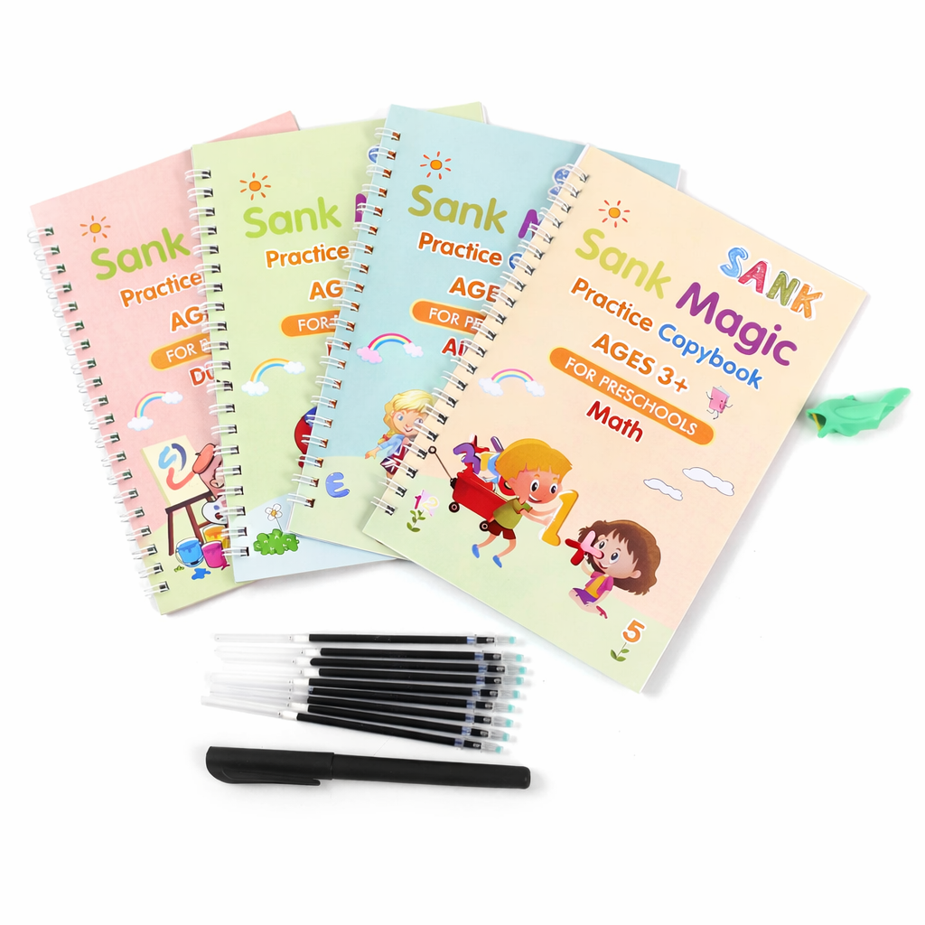 Sank Magic Practice Copybook – 4 Reusable Writing Books with Disappearing Ink Pen