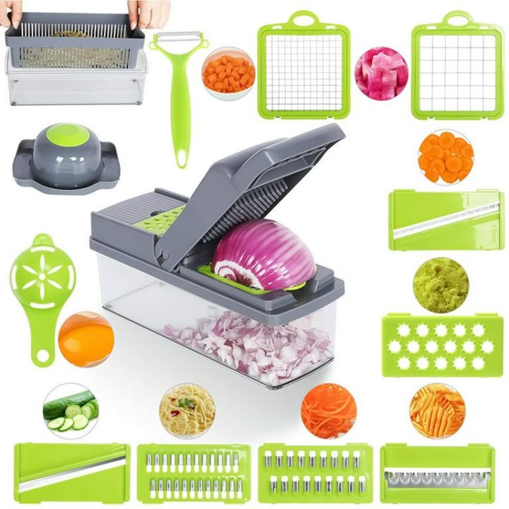 16-In-1 Multifunctional Vegetable Chopper & Slicer with Colander Basket and Storage Container – Heavy Duty Manual Food Cutter