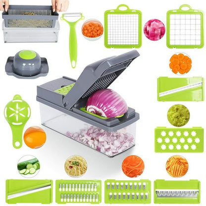 16-In-1 Multifunctional Vegetable Chopper & Slicer with Colander Basket and Storage Container – Heavy Duty Manual Food Cutter