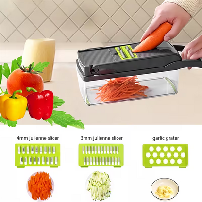 16-In-1 Multifunctional Vegetable Chopper & Slicer with Colander Basket and Storage Container – Heavy Duty Manual Food Cutter