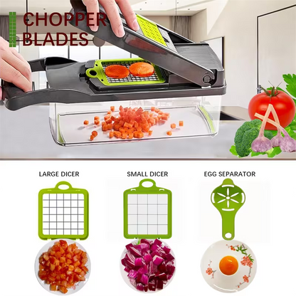 16-In-1 Multifunctional Vegetable Chopper & Slicer with Colander Basket and Storage Container – Heavy Duty Manual Food Cutter